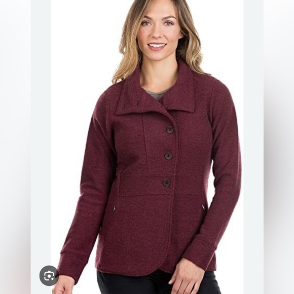 Ibex Reese Cardigan Sweater fitted Jacket Blazer bucle Merino Wool wine Womens M - Picture 3 of 13